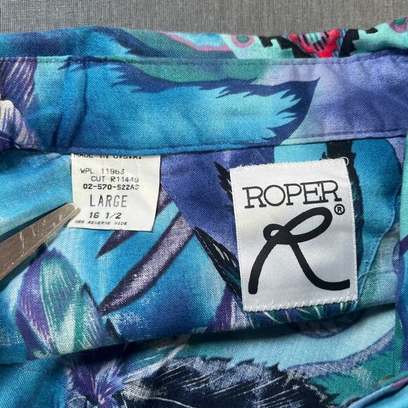 Vintage Roper Shirt Mens Large 16.5 Blue Feather Print Tropical Hawaiian Beach - Picture 5 of 8